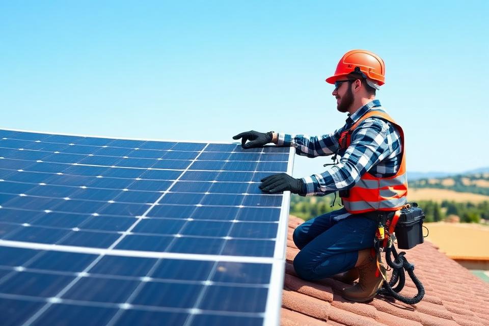Tecnico che installa pannelli solari su un tetto